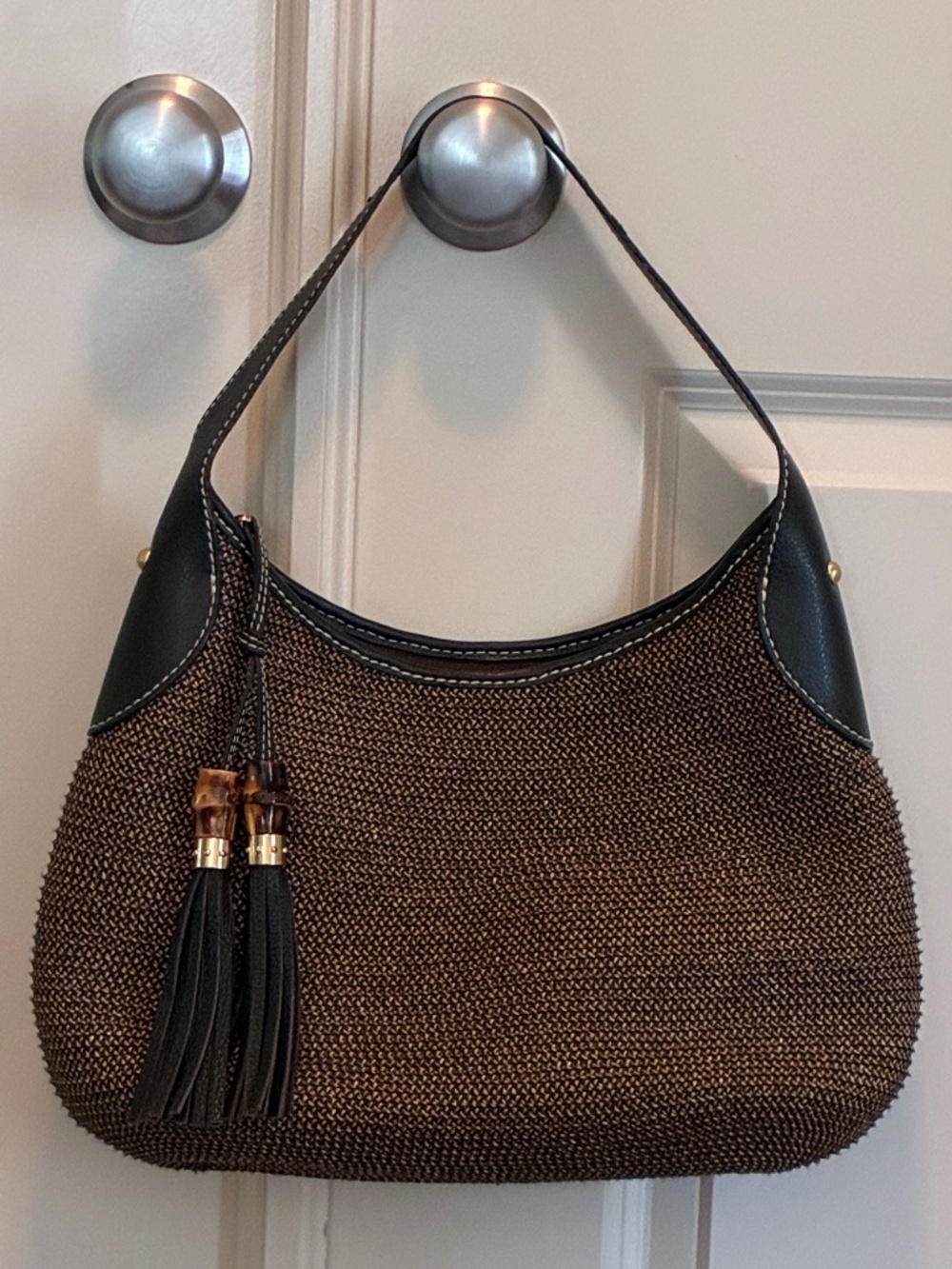 Talbots Brown Raffia & Bamboo Tassel Zip Handbag